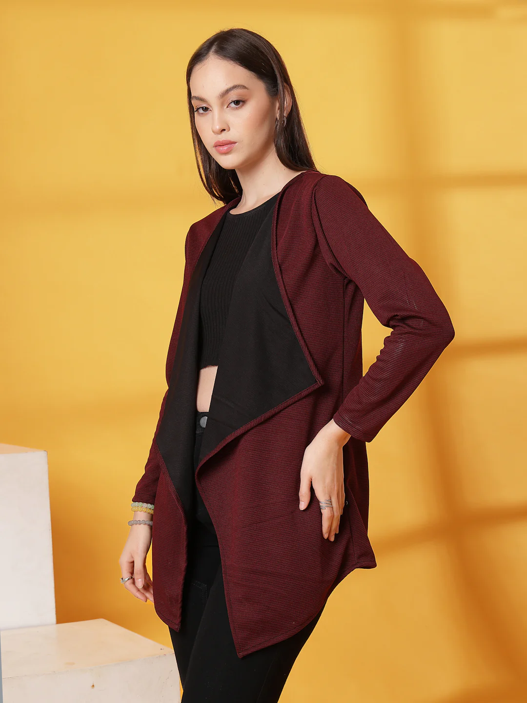 Women Maroon Ruffle Waffle Shrug - Image 3