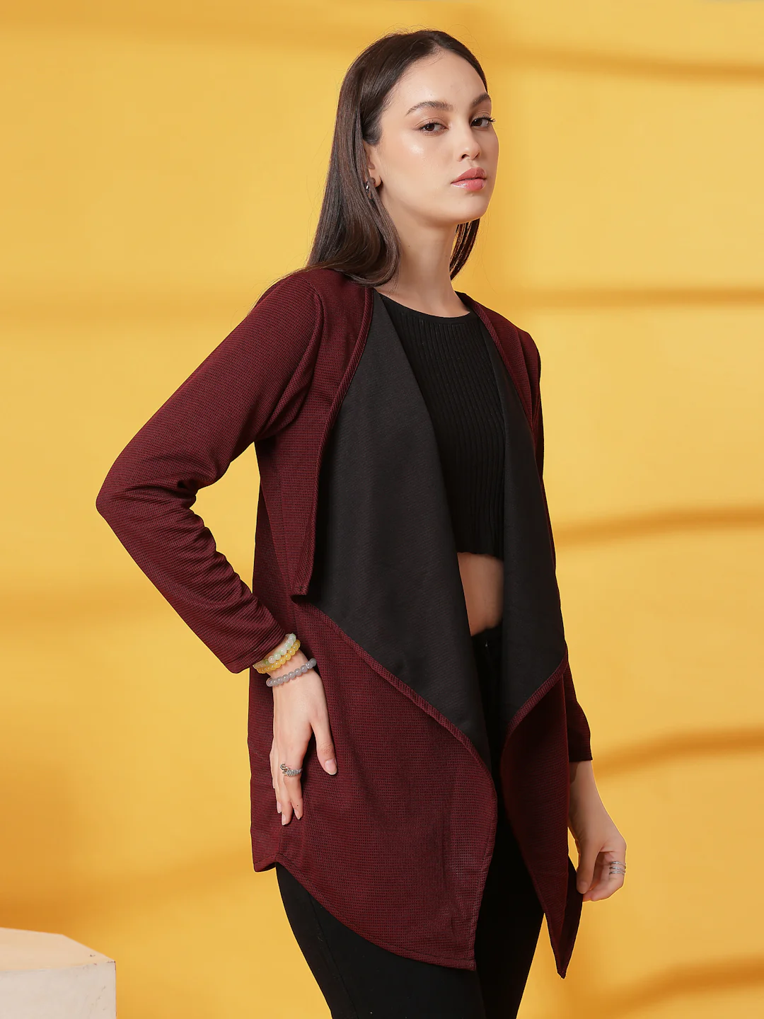 Women Maroon Ruffle Waffle Shrug - Image 4