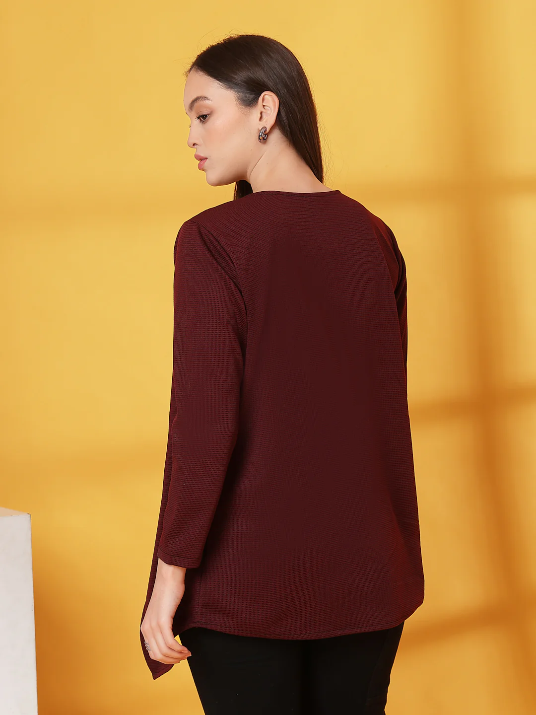 Women Maroon Ruffle Waffle Shrug - Image 5