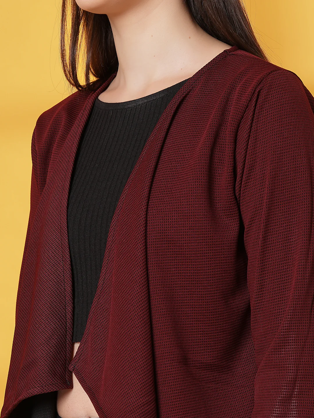 Women Maroon Ruffle Waffle Shrug - Image 6