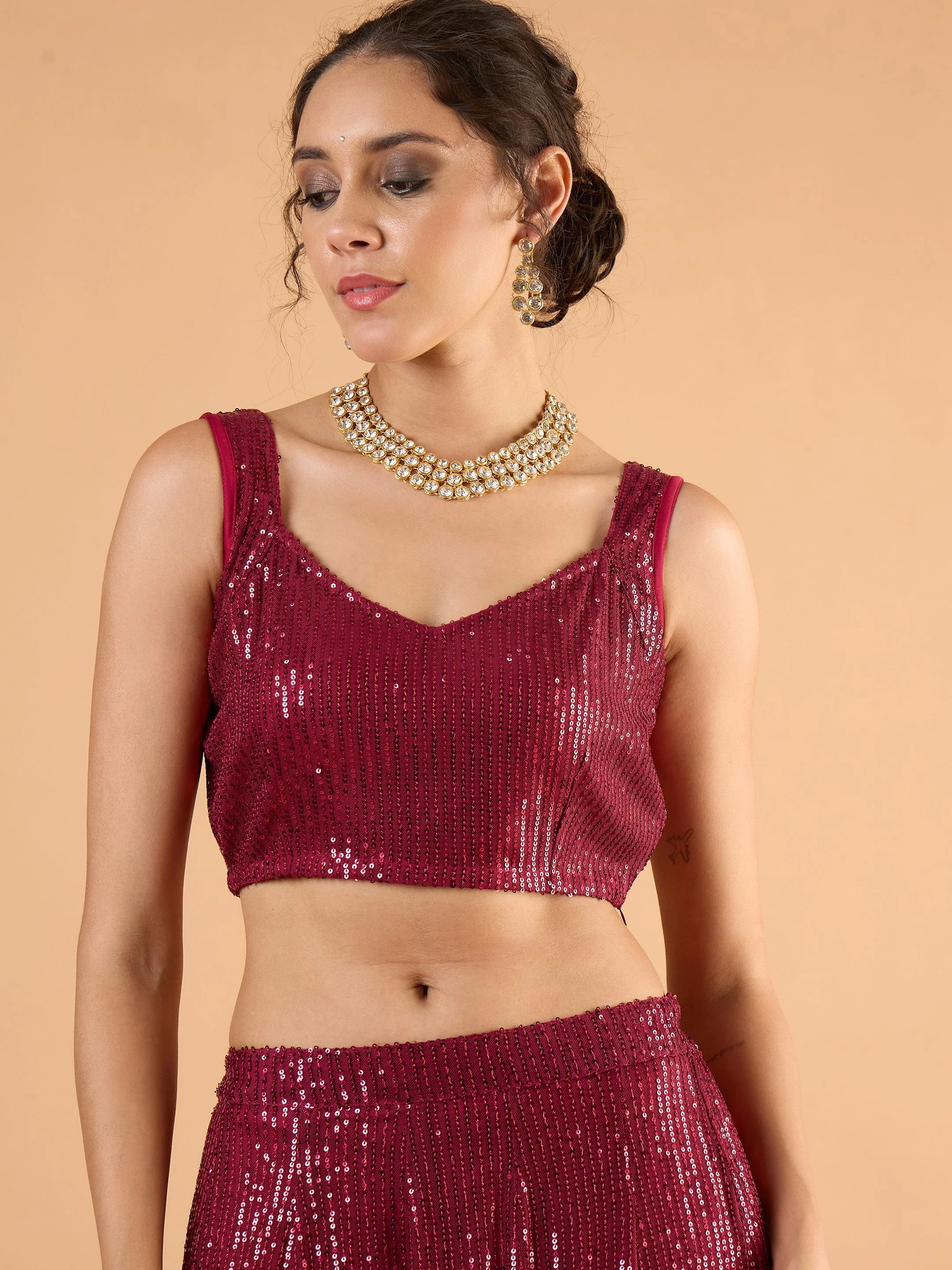 Women Maroon Sequence Sleeveless Crop Top With Anarkali Skirt - Image 2