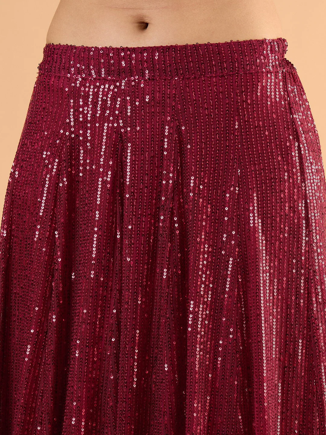 Women Maroon Sequence Sleeveless Crop Top With Anarkali Skirt - Image 3