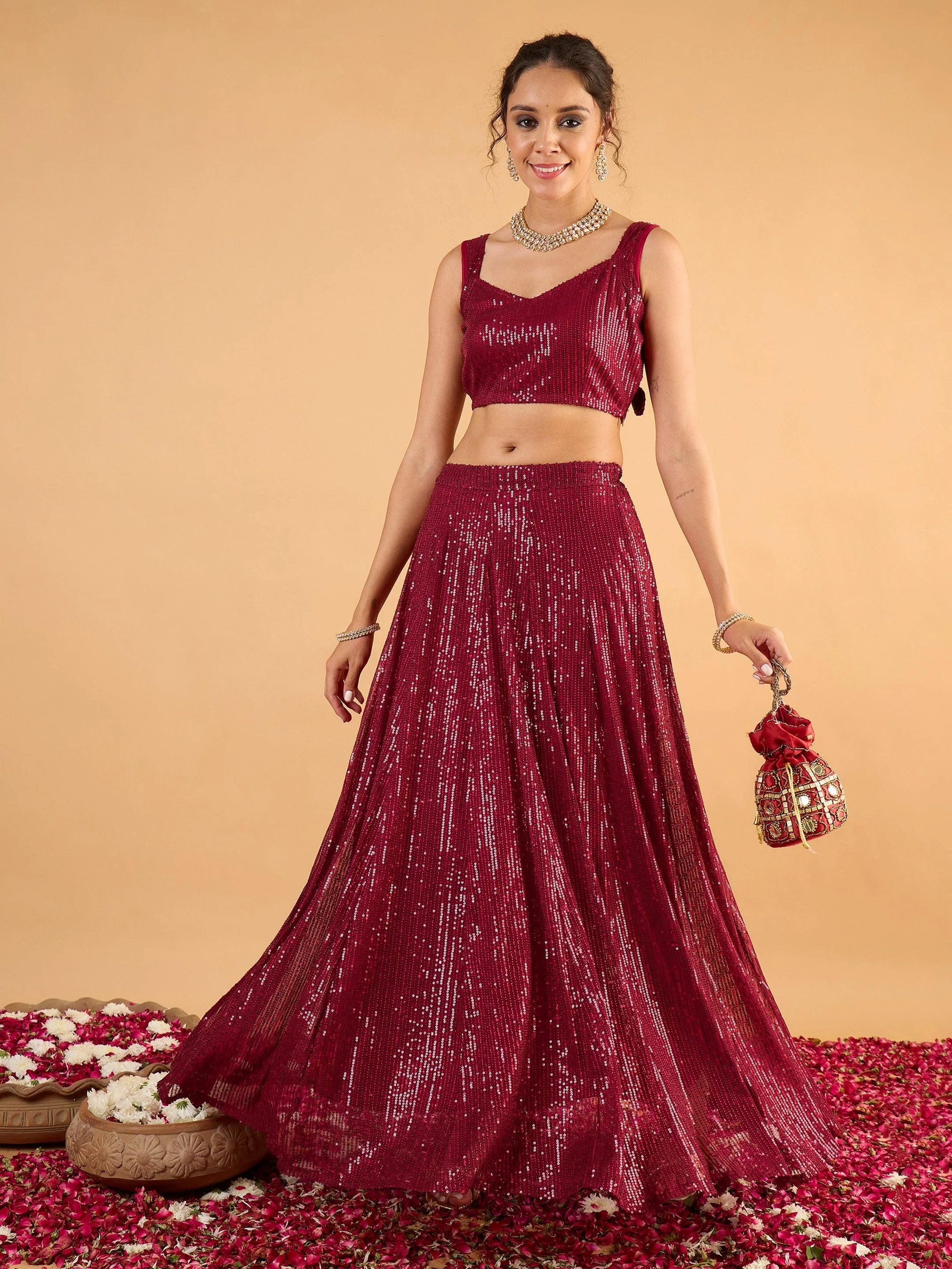 Women Maroon Sequence Sleeveless Crop Top With Anarkali Skirt - Image 4