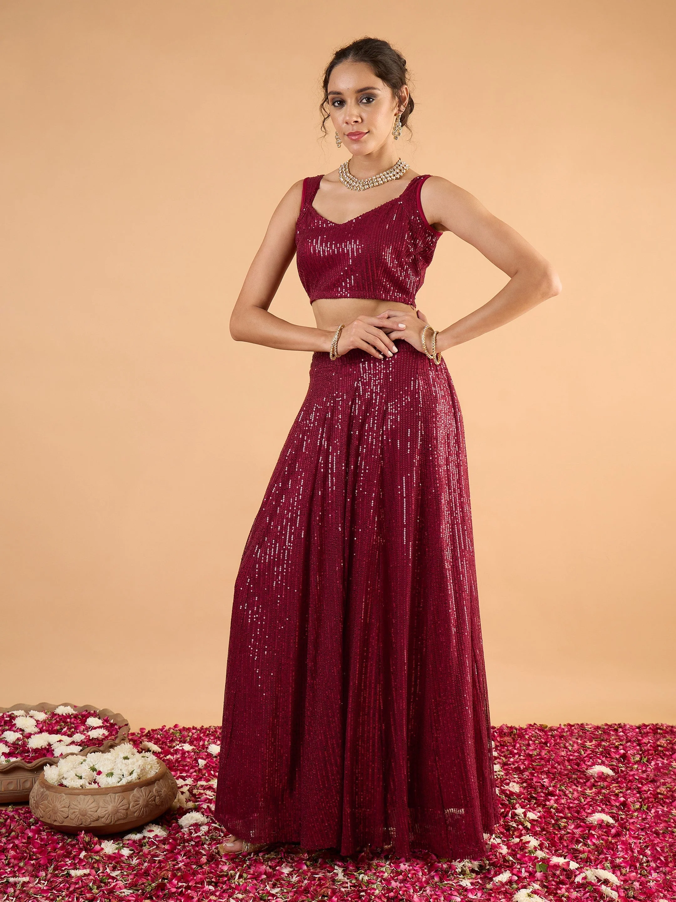 Women Maroon Sequence Sleeveless Crop Top With Anarkali Skirt - Image 5