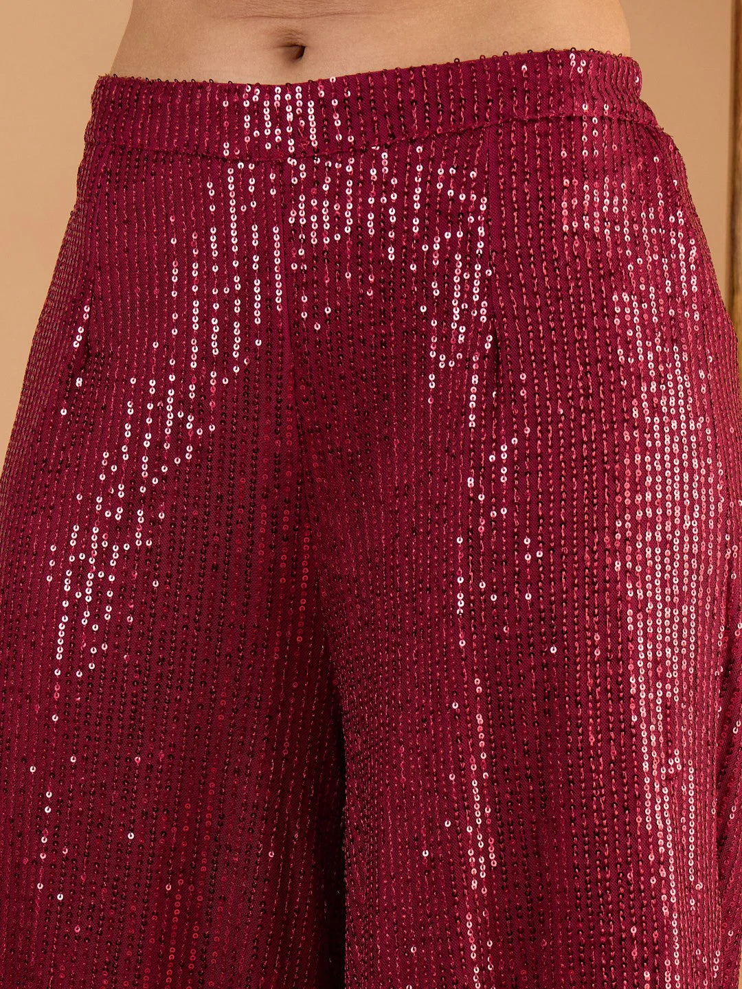 Women Maroon Sequence Top With A-Line Palazzos - Image 3