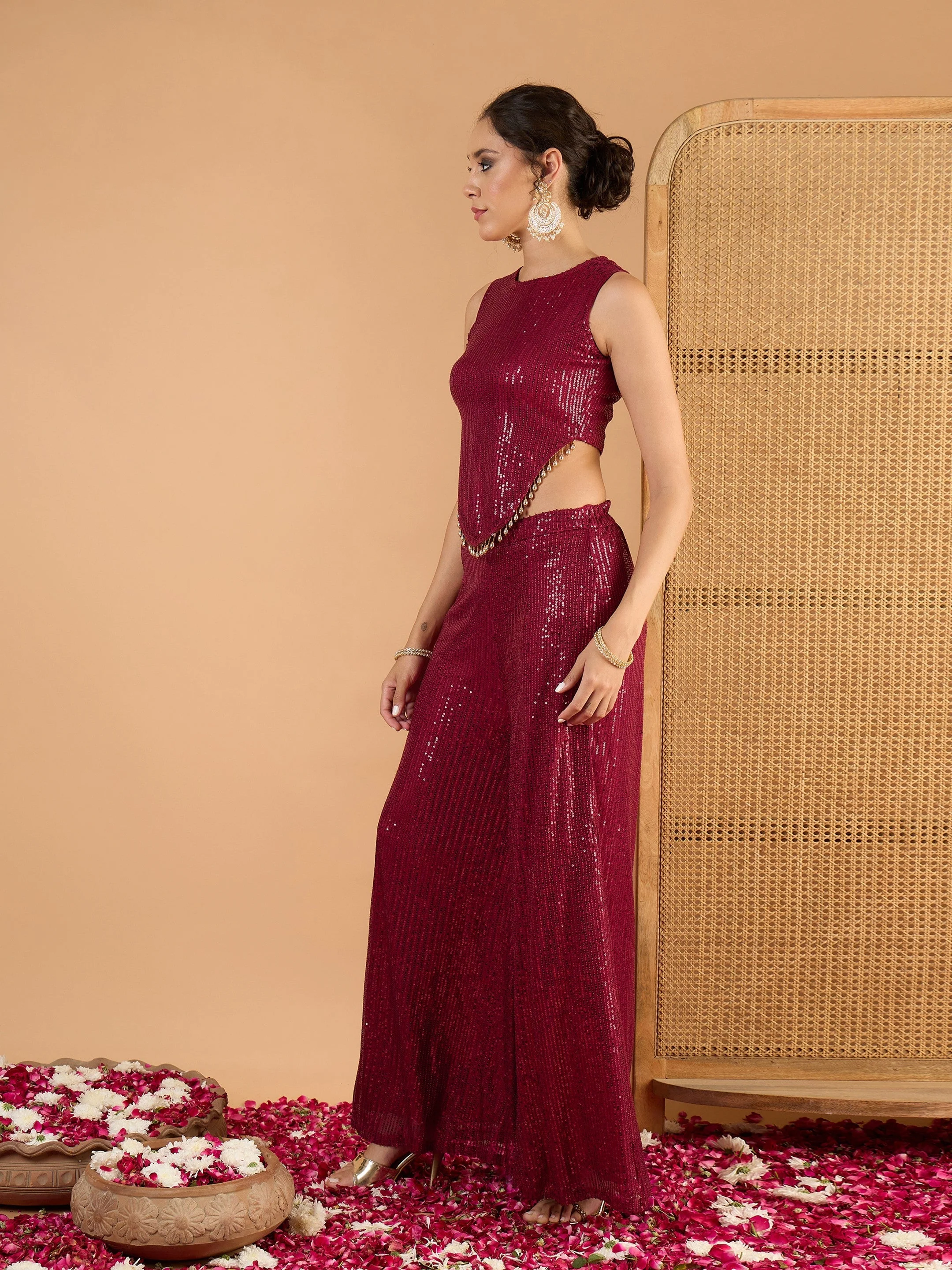 Women Maroon Sequence Top With A-Line Palazzos - Image 5