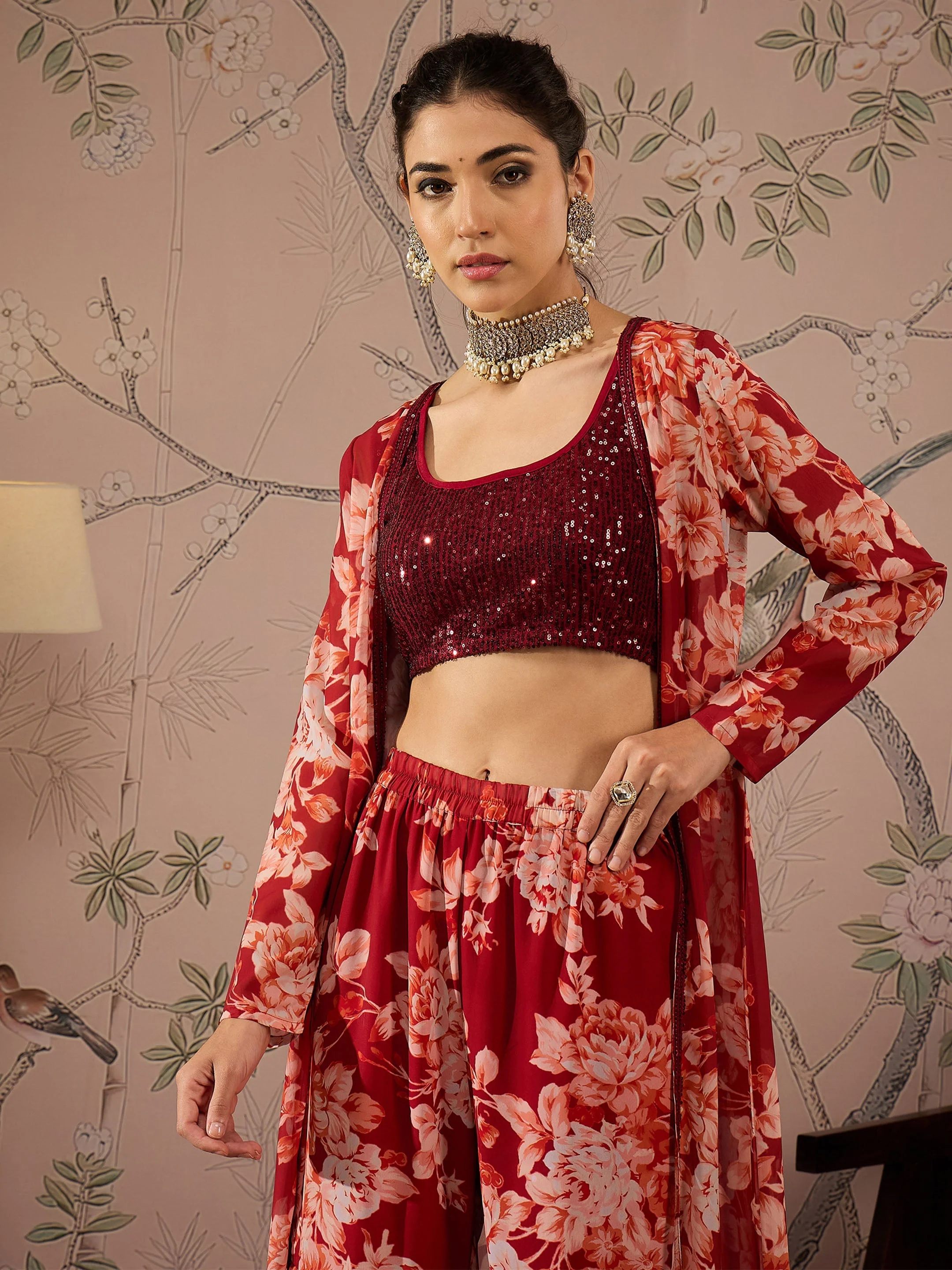 Women Maroon Sequins Crop Top With Floral Sharara And Shrug - Image 2