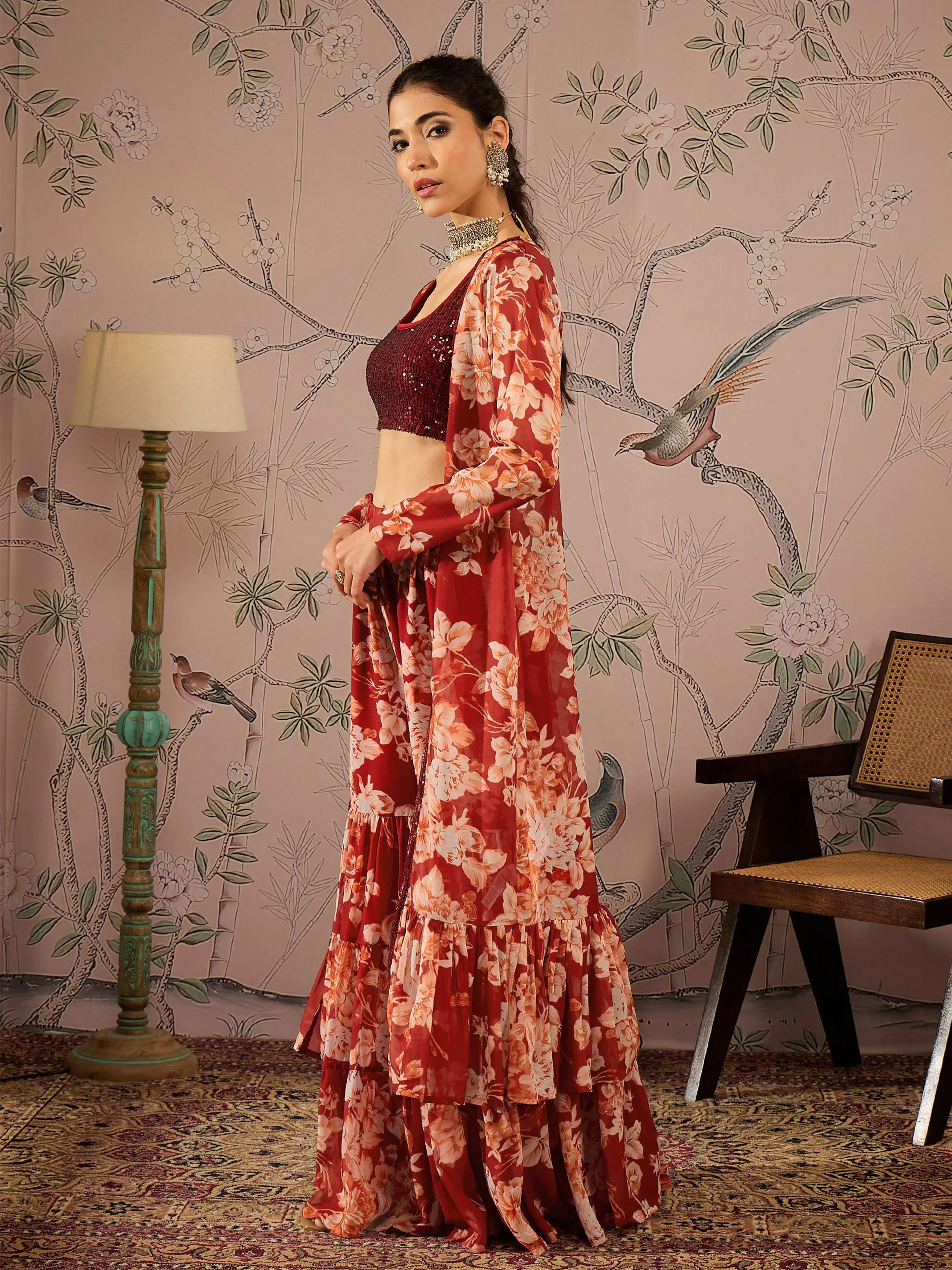 Women Maroon Sequins Crop Top With Floral Sharara And Shrug - Image 3