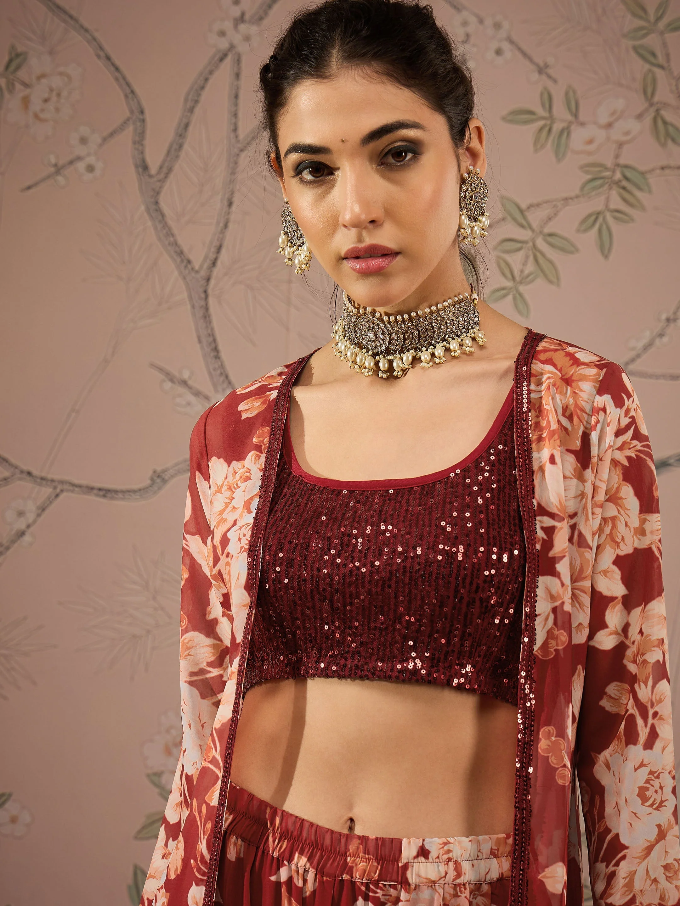 Women Maroon Sequins Crop Top With Floral Sharara And Shrug - Image 4
