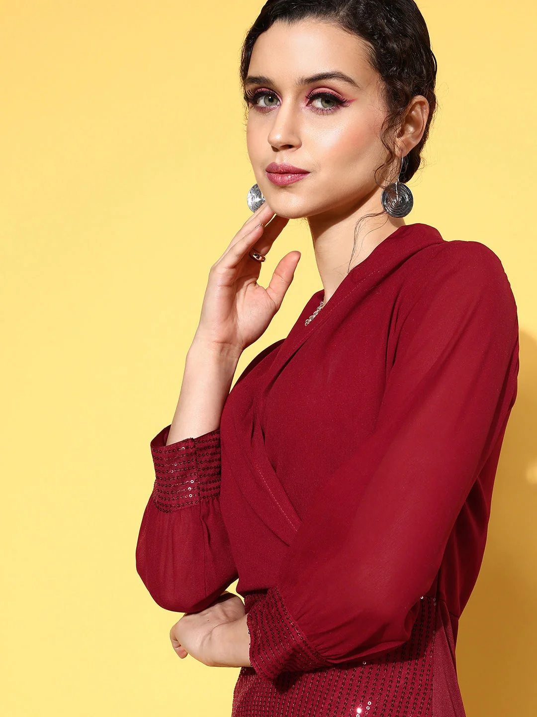 Women Maroon Sequins Short Wrap Bodycon Dress - Image 3