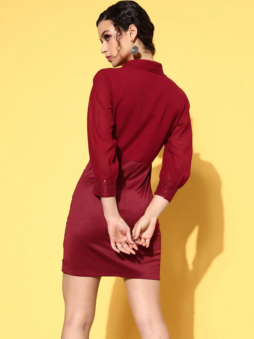 Women Maroon Sequins Short Wrap Bodycon Dress - Image 4