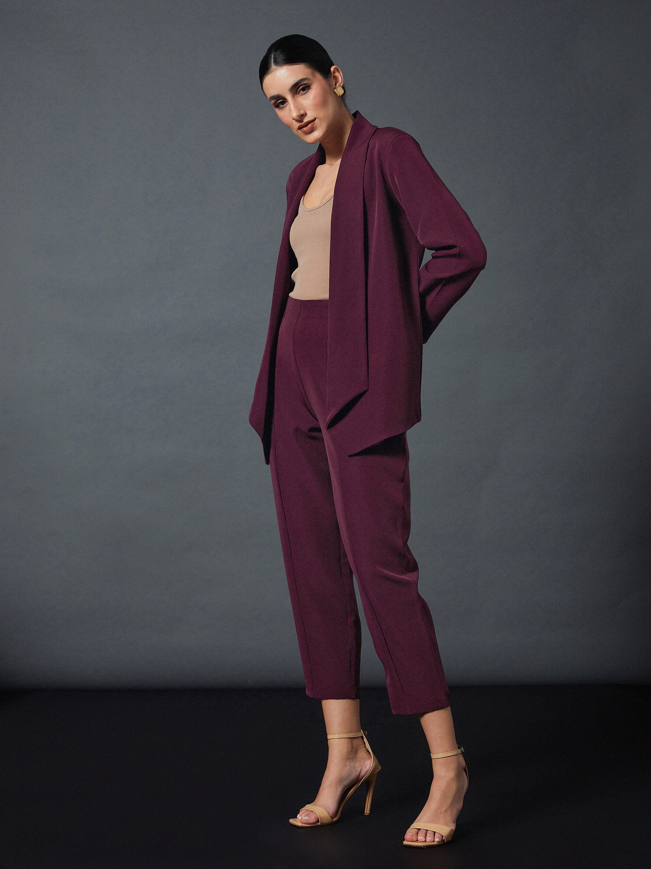 Women Maroon Shawl Collar Blazer With Balloon Fit Pants - Image 3