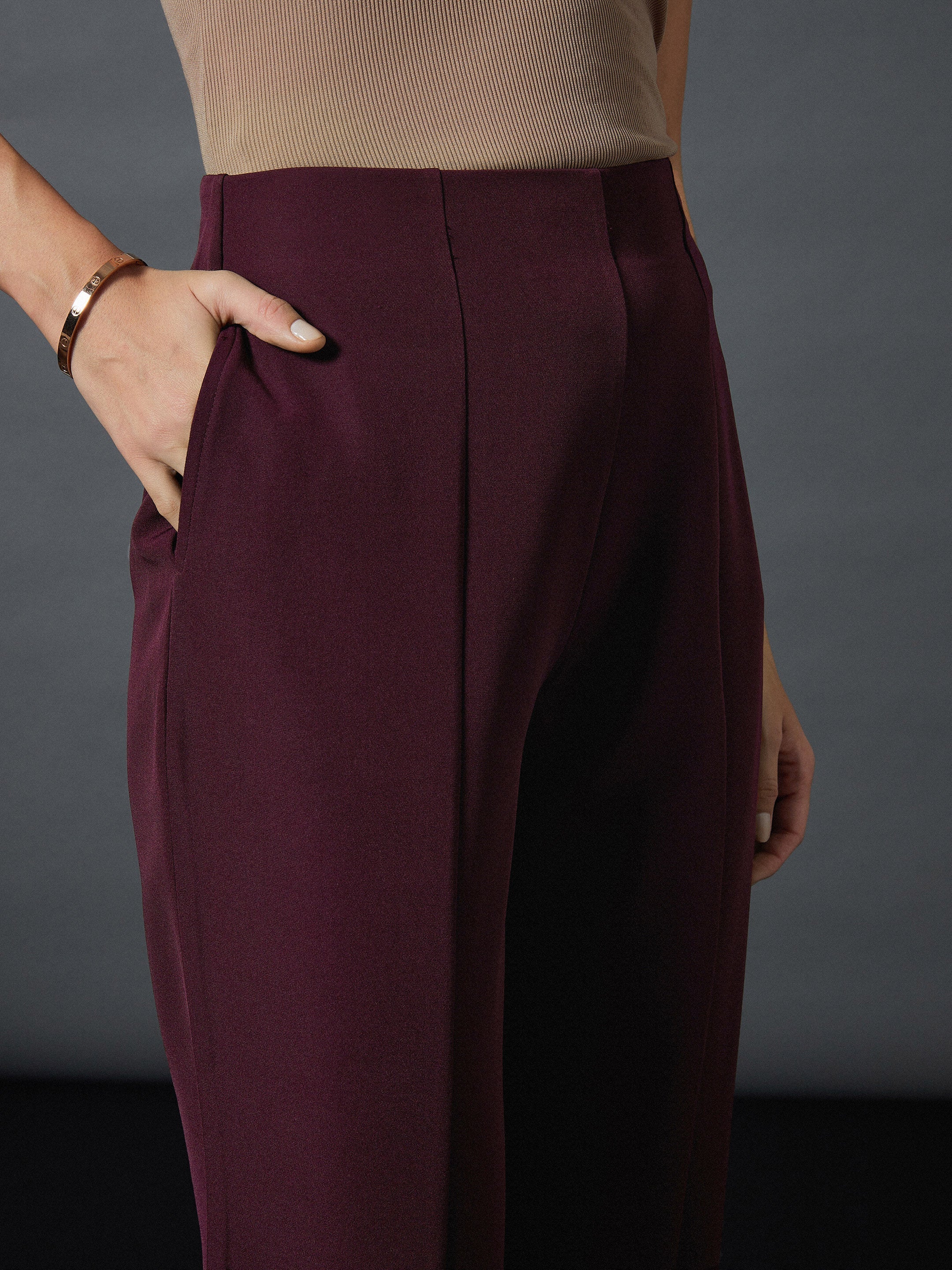 Women Maroon Shawl Collar Blazer With Balloon Fit Pants - Image 5