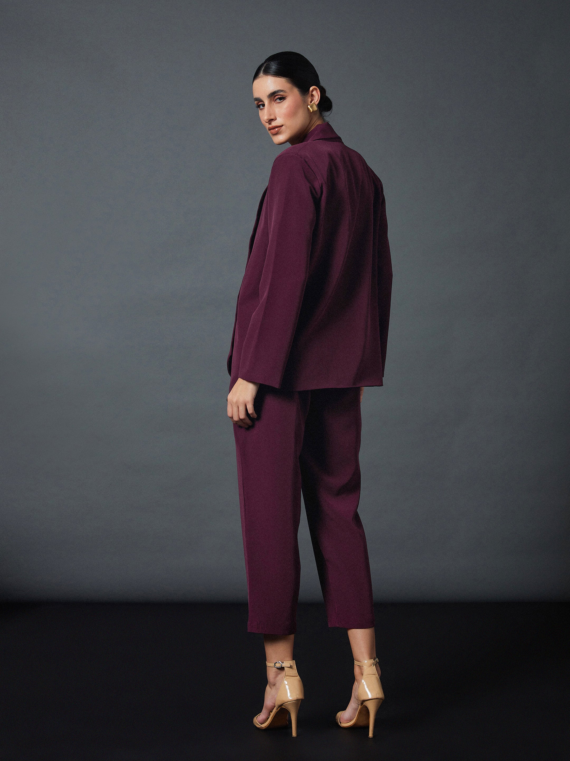 Women Maroon Shawl Collar Blazer With Balloon Fit Pants - Image 6