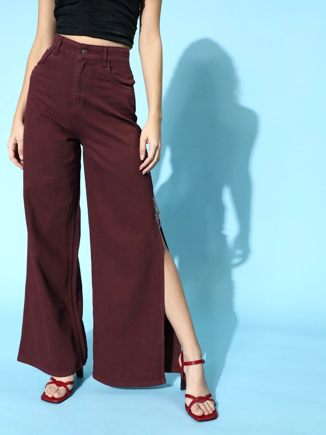 Women Maroon Side Chain Slit Jeans - Image 2