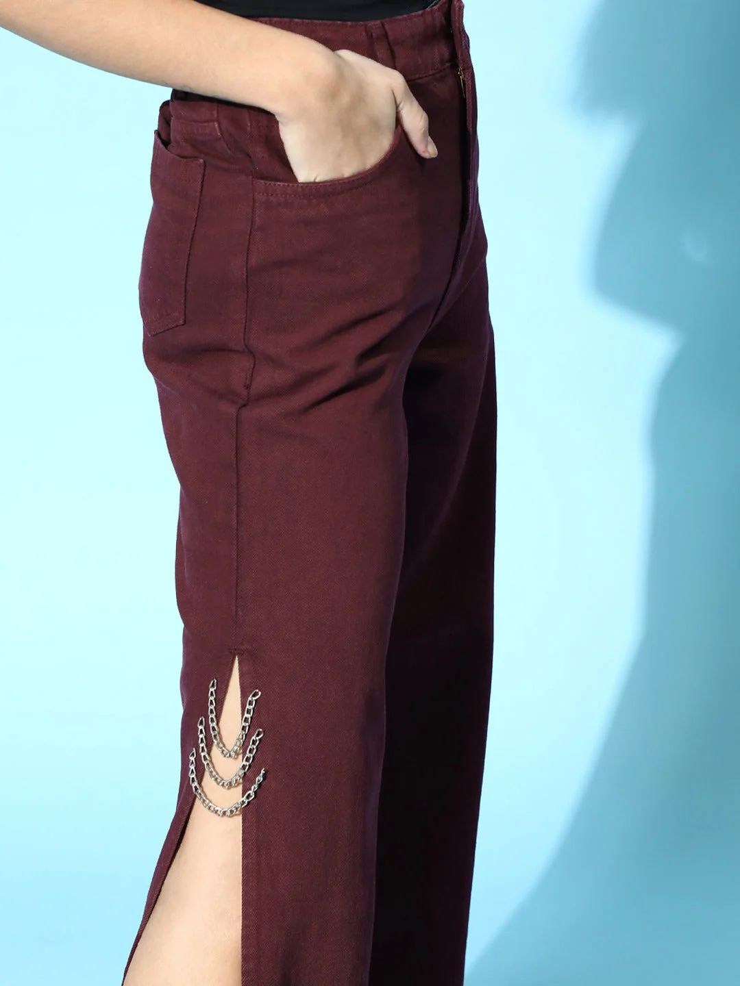 Women Maroon Side Chain Slit Jeans - Image 5