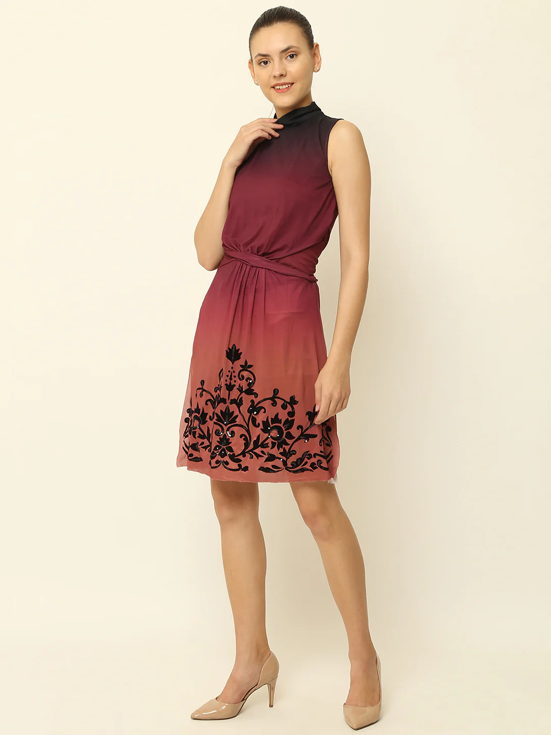Women Maroon Sleeveless Dress with Shorts - Image 2
