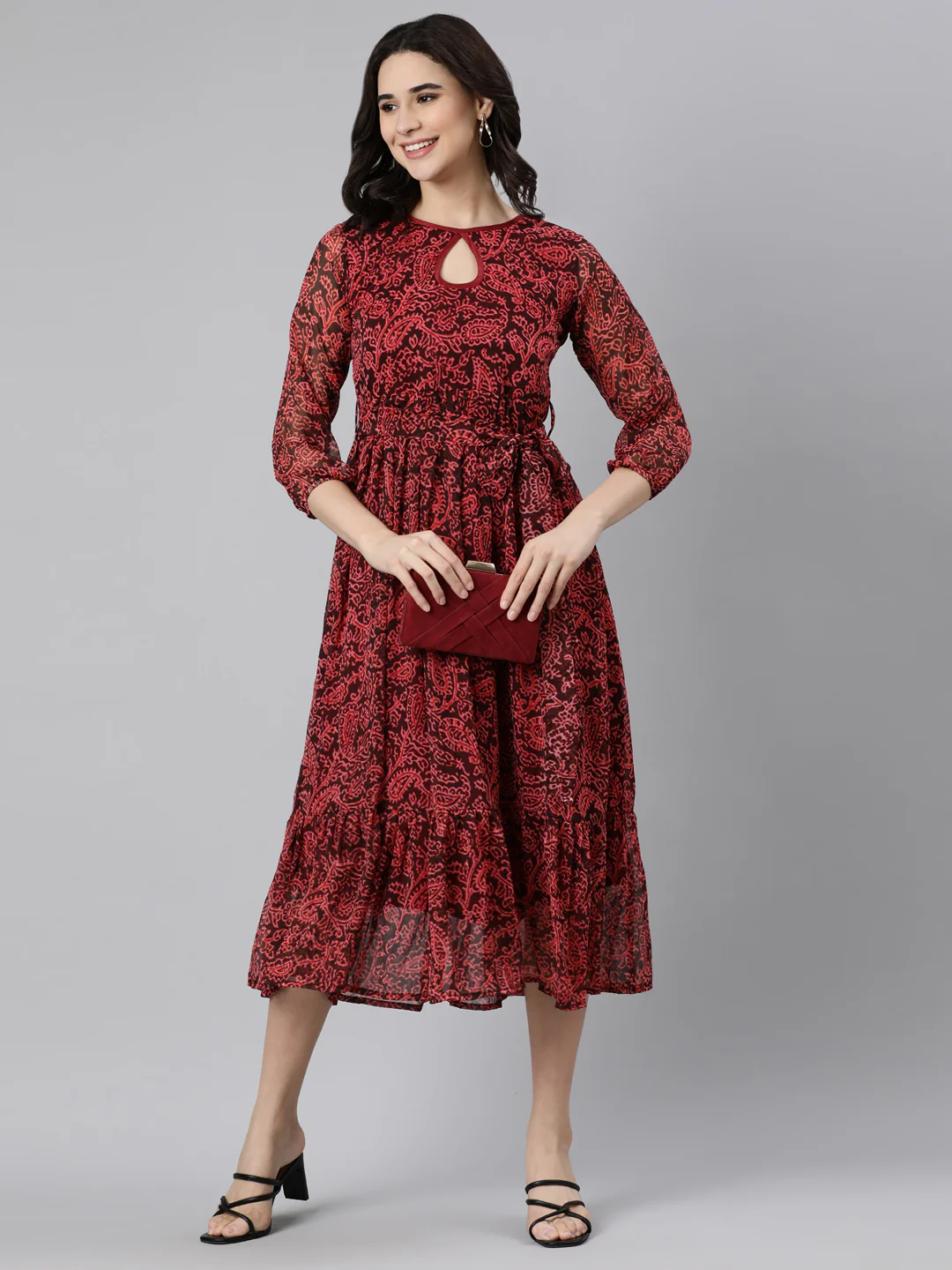 Women Maroon Floral Chiffon Dress - Image 10