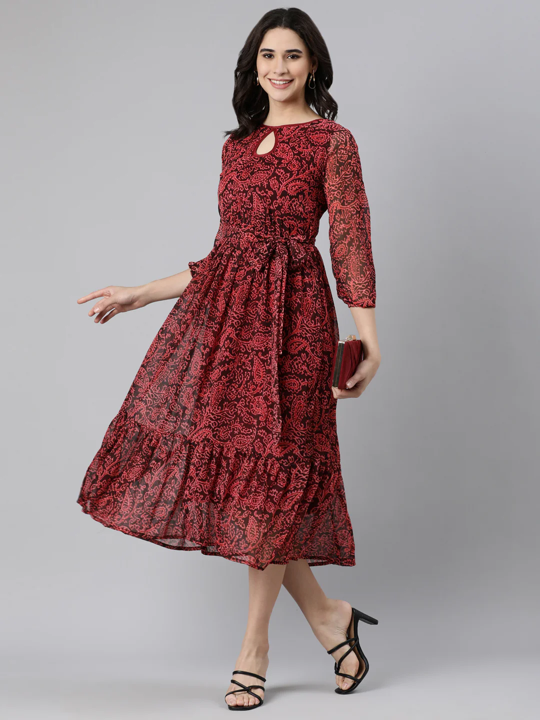 Women Maroon Floral Chiffon Dress - Image 11