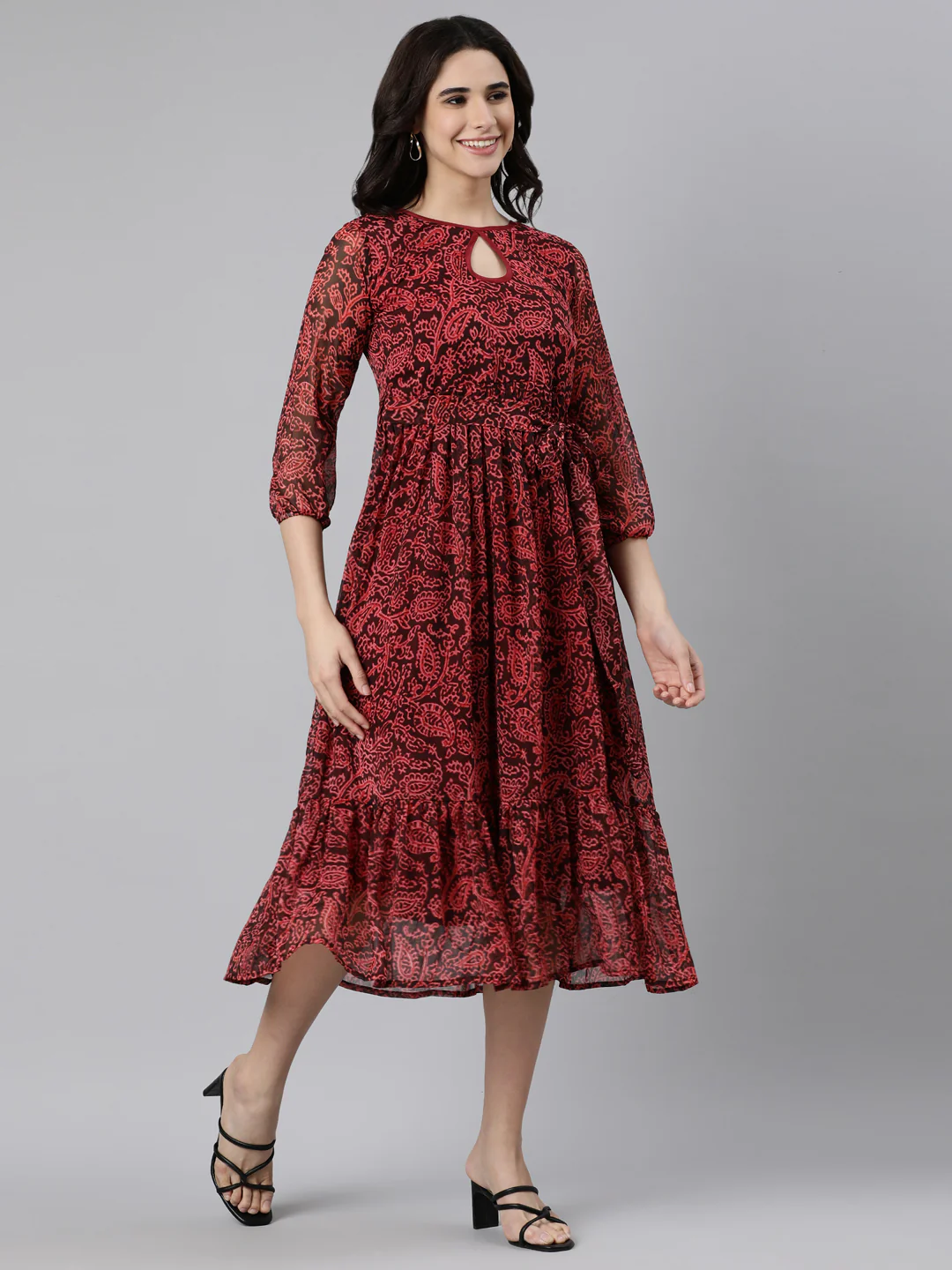 Women Maroon Floral Chiffon Dress - Image 2