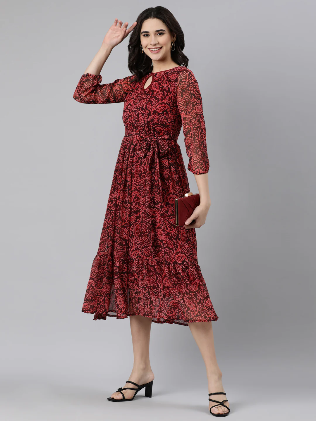 Women Maroon Floral Chiffon Dress - Image 3