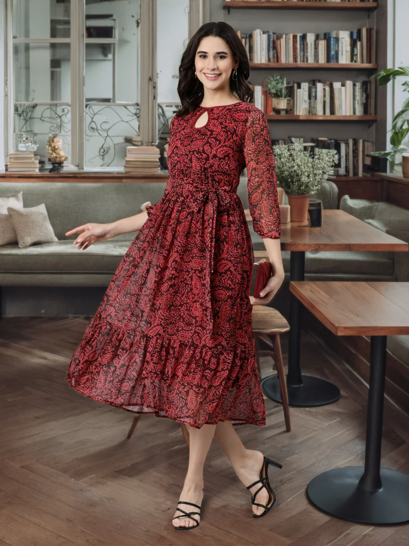 Women Maroon Floral Chiffon Dress - Image 5