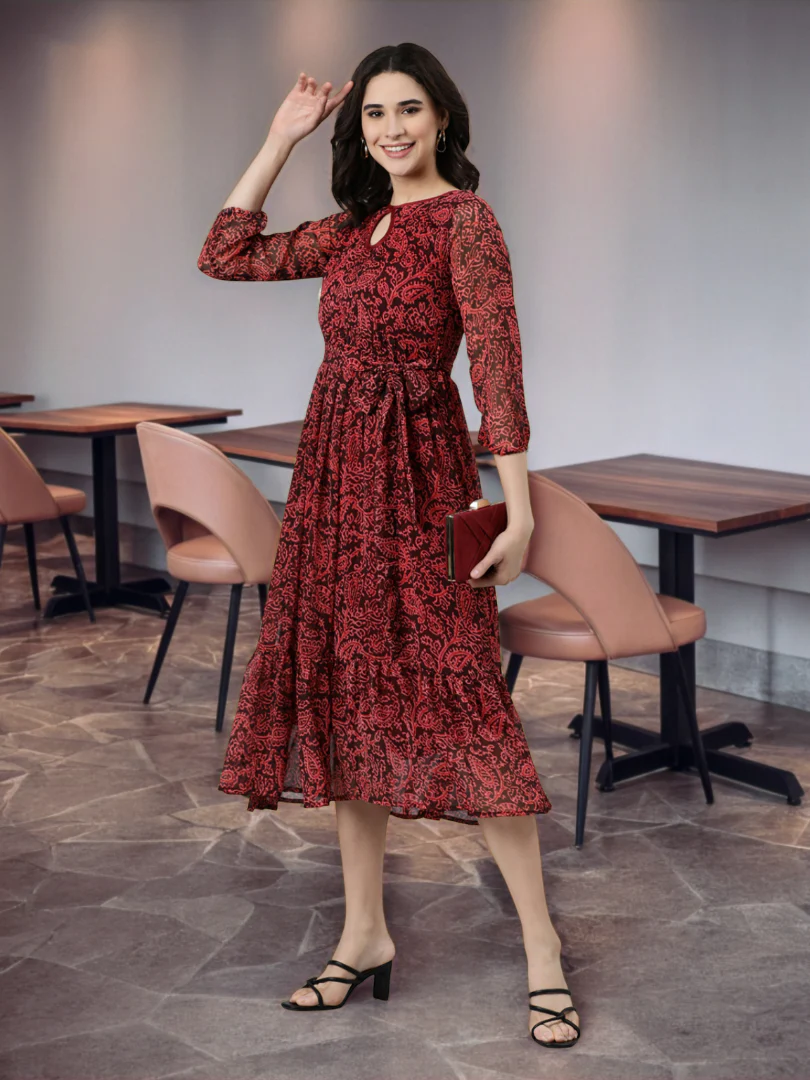 Women Maroon Floral Chiffon Dress - Image 6