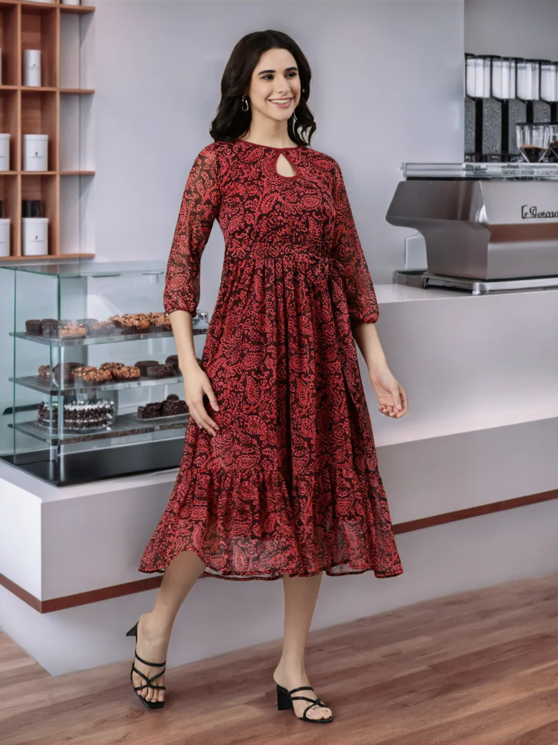 Women Maroon Floral Chiffon Dress - Image 7