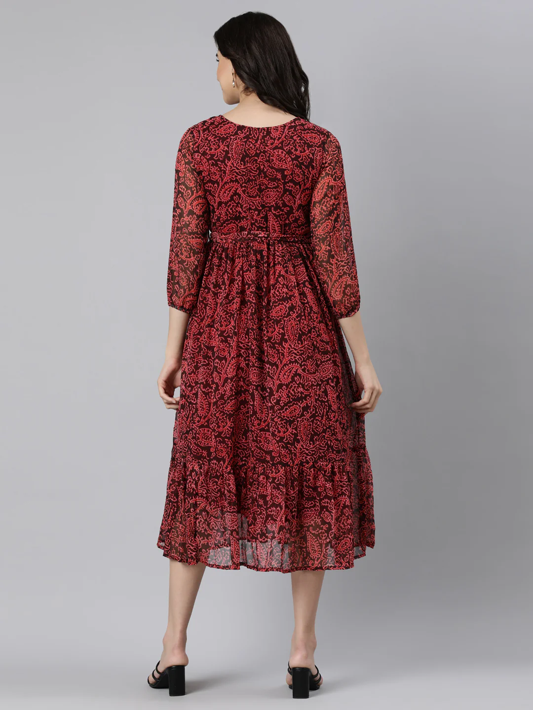 Women Maroon Floral Chiffon Dress - Image 8