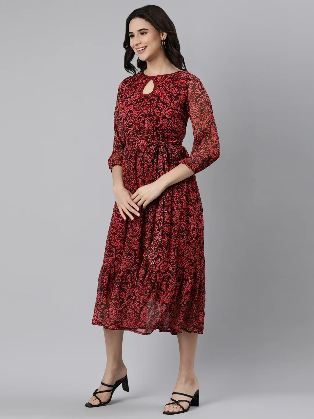 Women Maroon Floral Chiffon Dress - Image 9