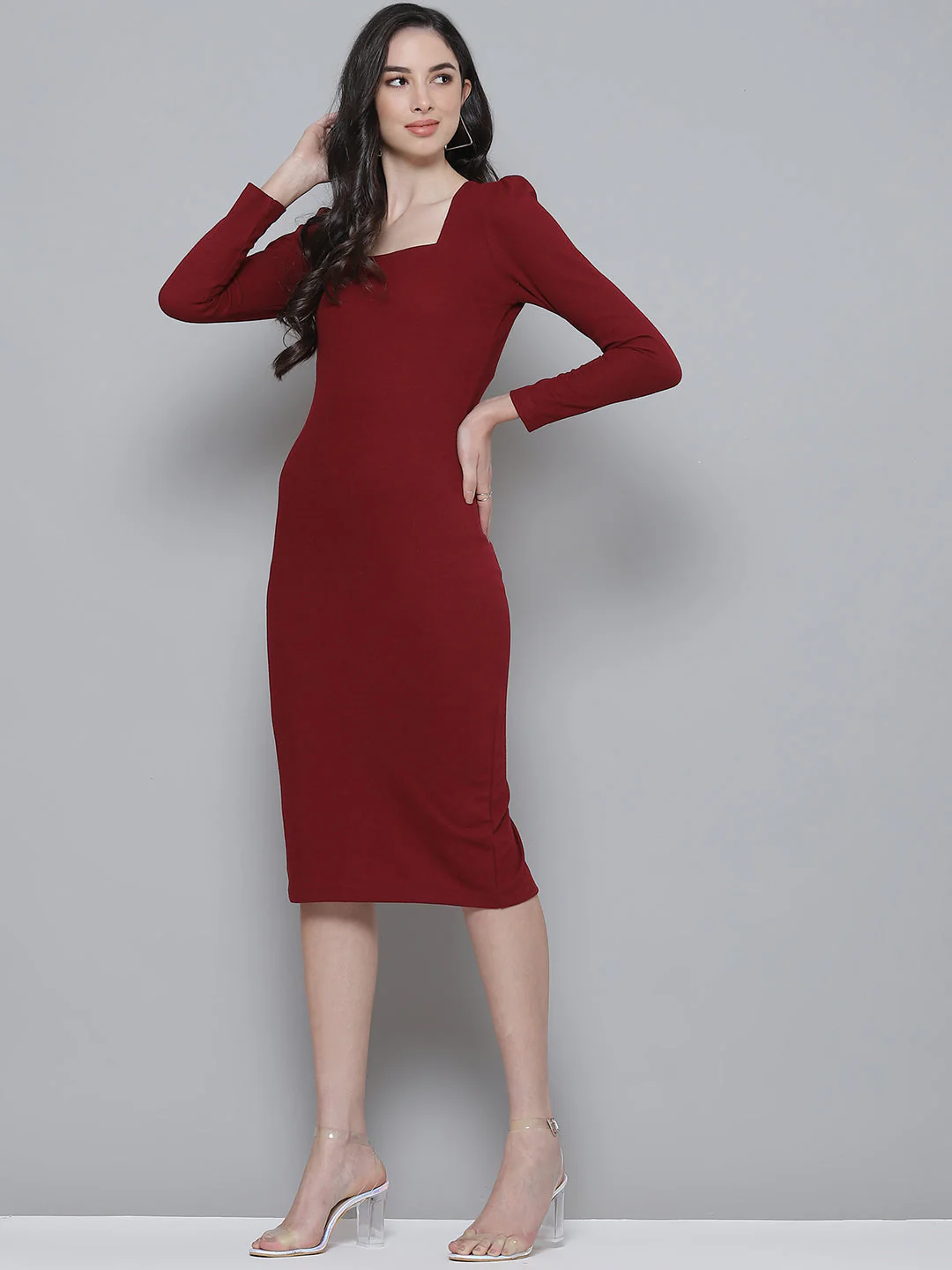 Women Maroon Square Neck Bodycon Dress - Image 3