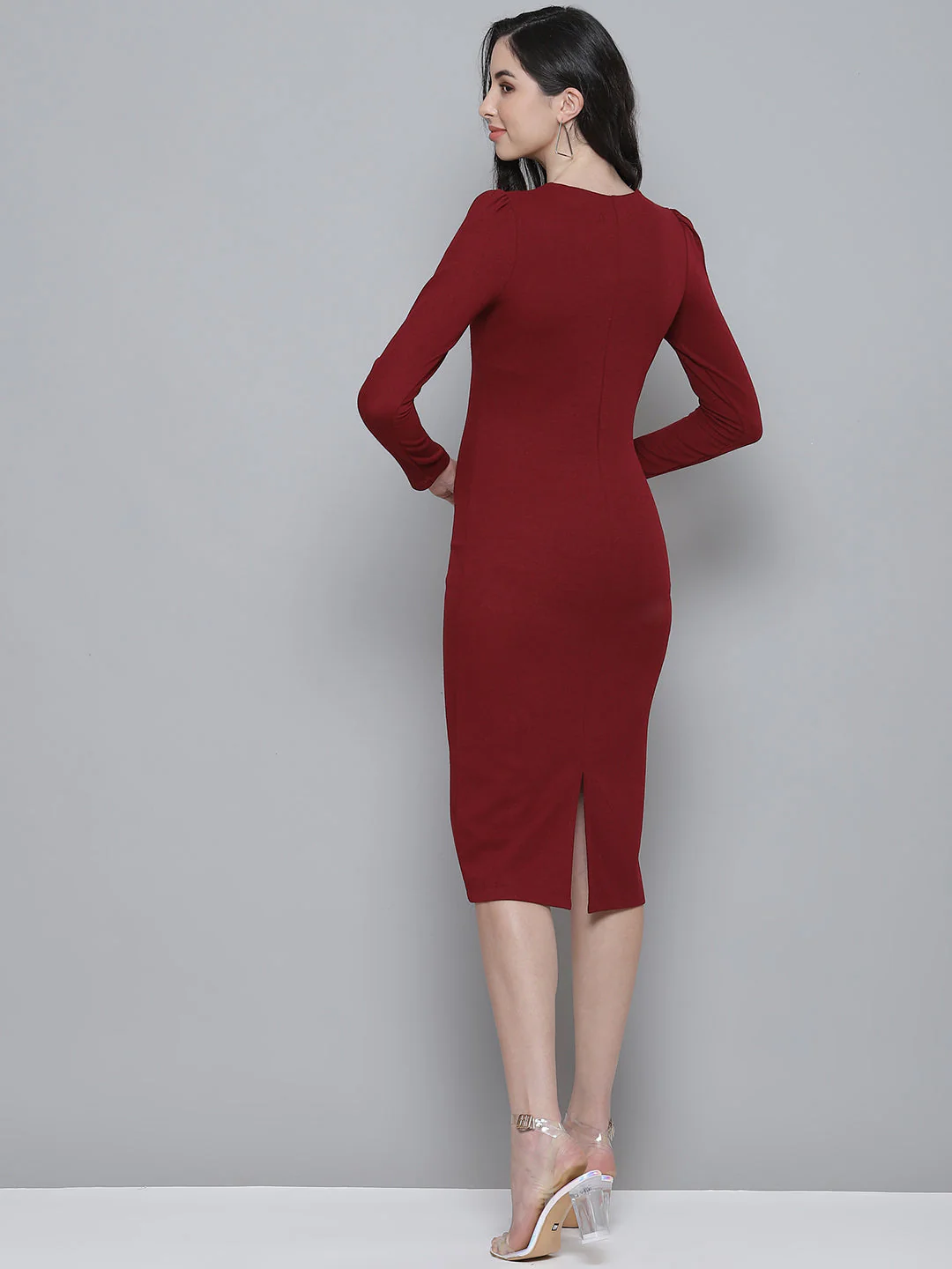 Women Maroon Square Neck Bodycon Dress - Image 4