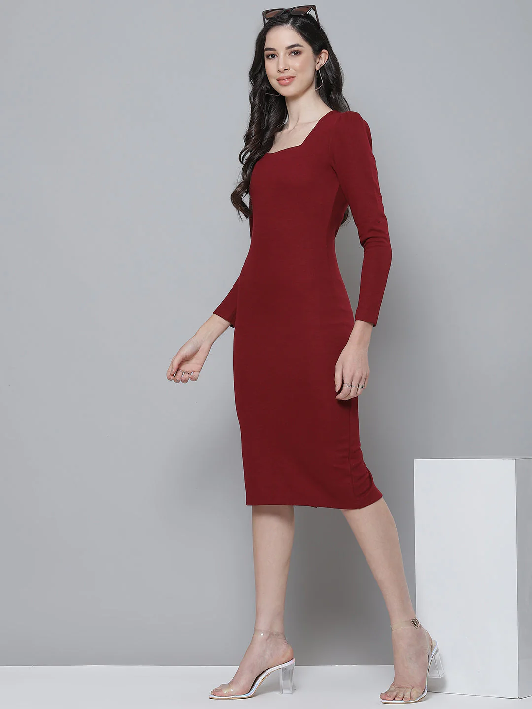 Women Maroon Square Neck Bodycon Dress - Image 5