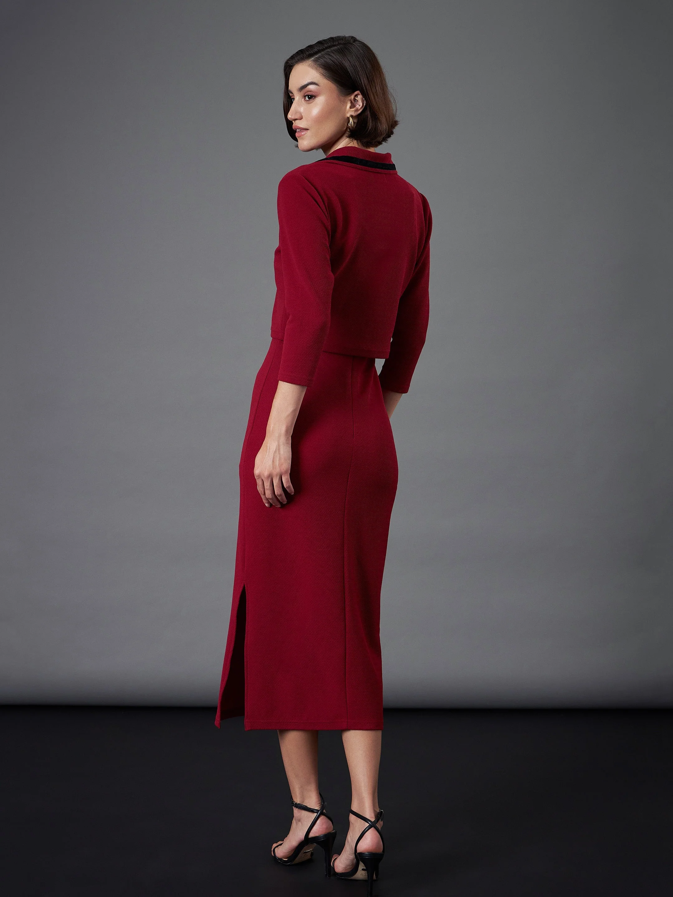 Women Maroon Strappy Bodycon Dress With Crop Jacket - Image 2
