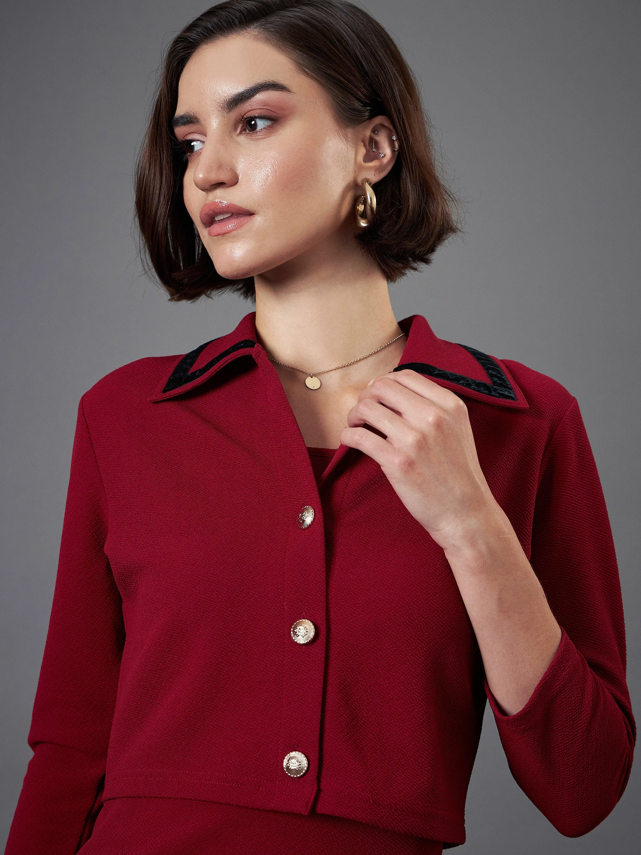 Women Maroon Strappy Bodycon Dress With Crop Jacket - Image 3