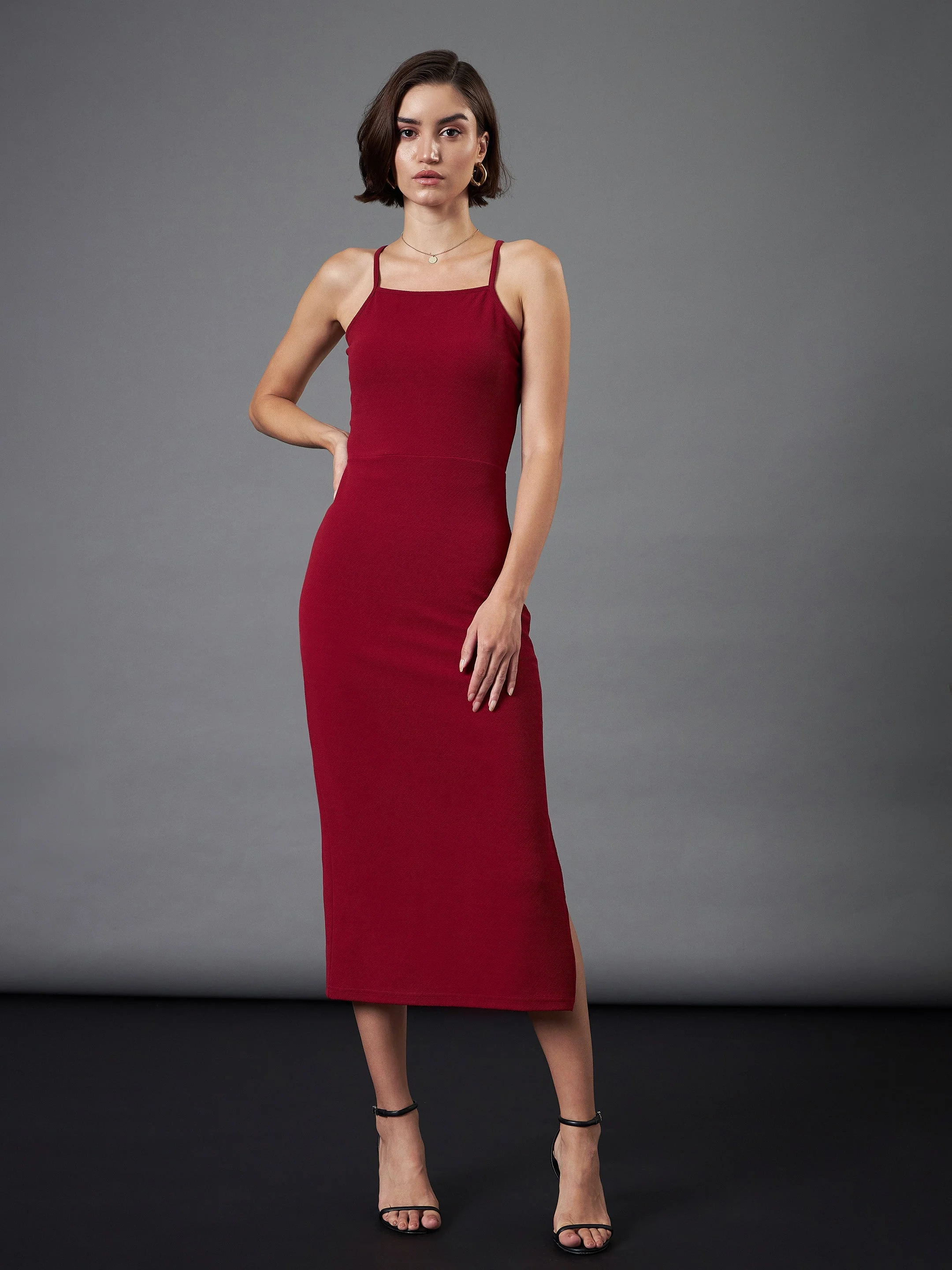 Women Maroon Strappy Bodycon Dress With Crop Jacket - Image 4
