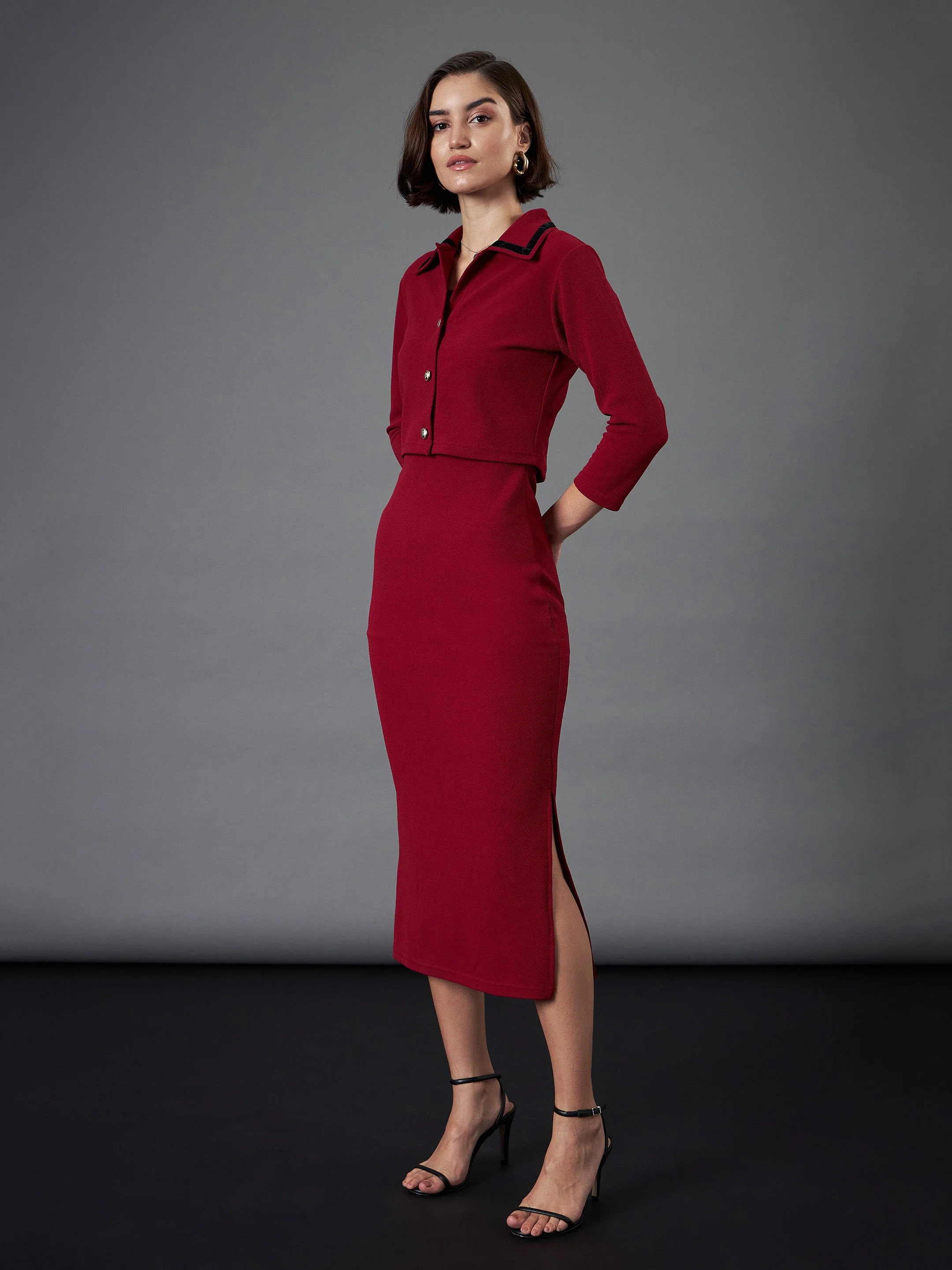 Women Maroon Strappy Bodycon Dress With Crop Jacket - Image 5