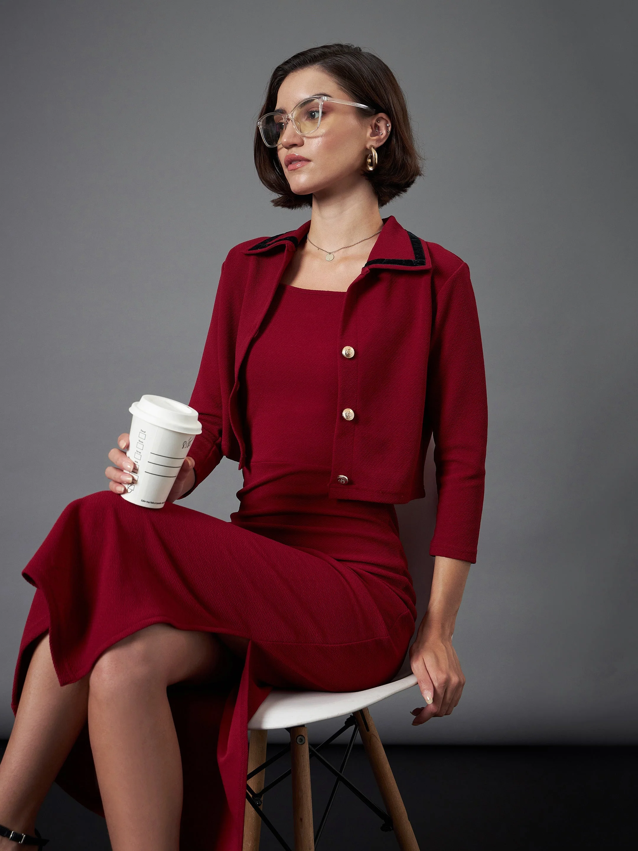 Women Maroon Strappy Bodycon Dress With Crop Jacket - Image 6