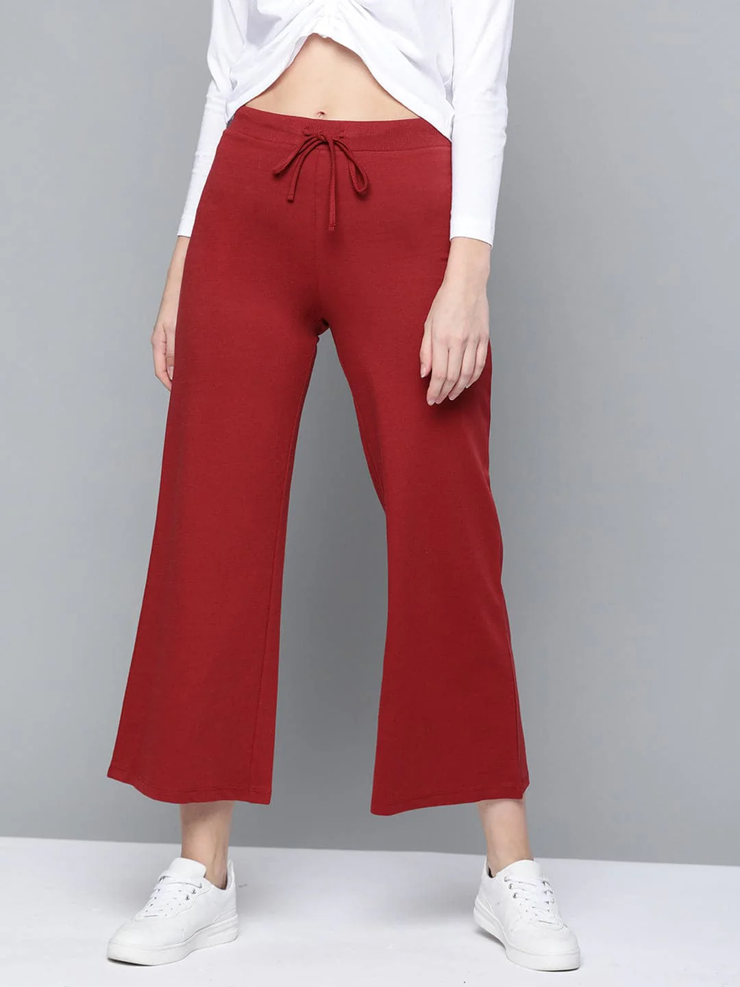 Women Maroon Terry Drawstring Wide Leg Pants
