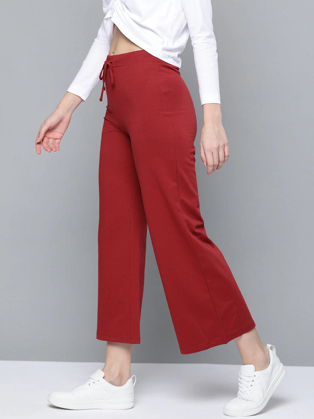Women Maroon Terry Drawstring Wide Leg Pants - Image 2