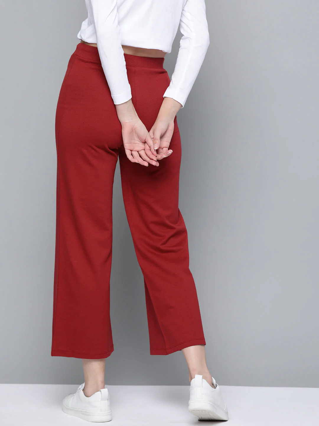 Women Maroon Terry Drawstring Wide Leg Pants - Image 3