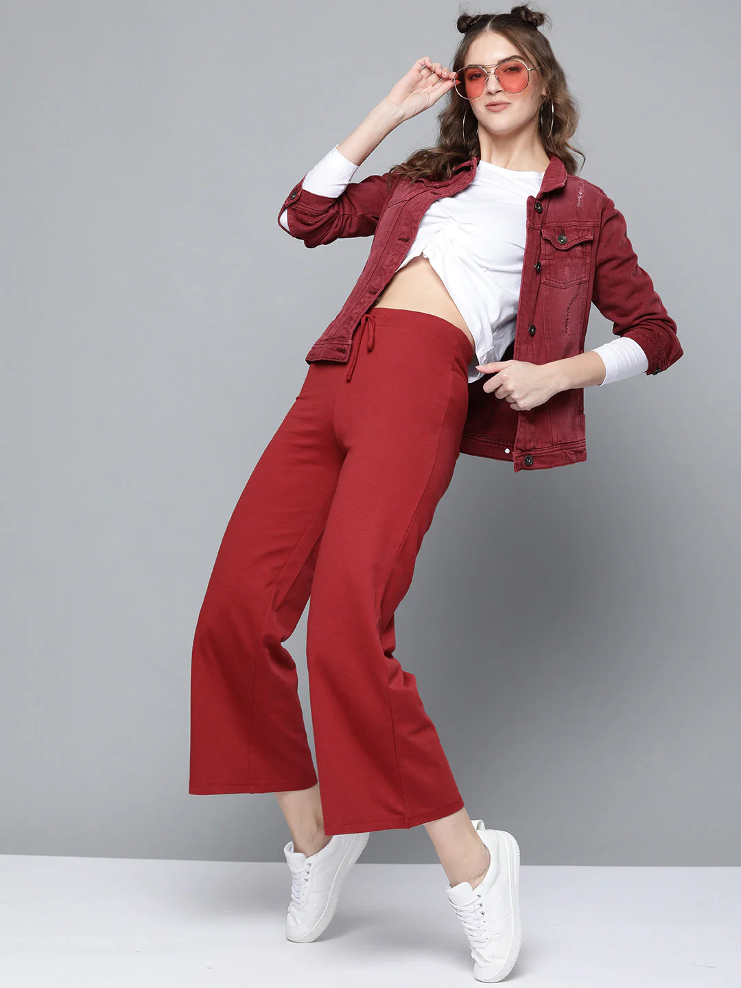Women Maroon Terry Drawstring Wide Leg Pants - Image 4