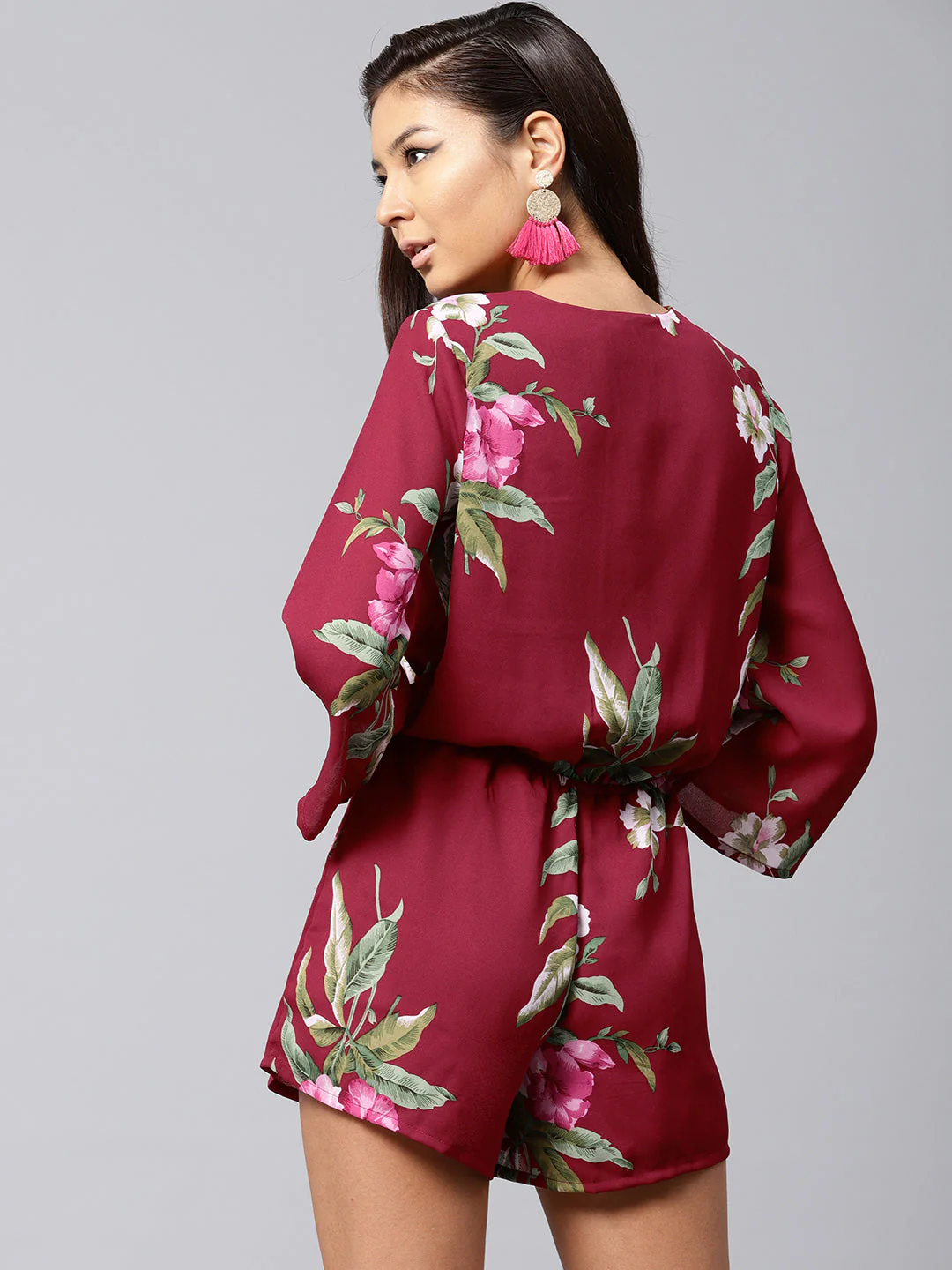 Women Maroon Tropical Wrap Romper - Image 2