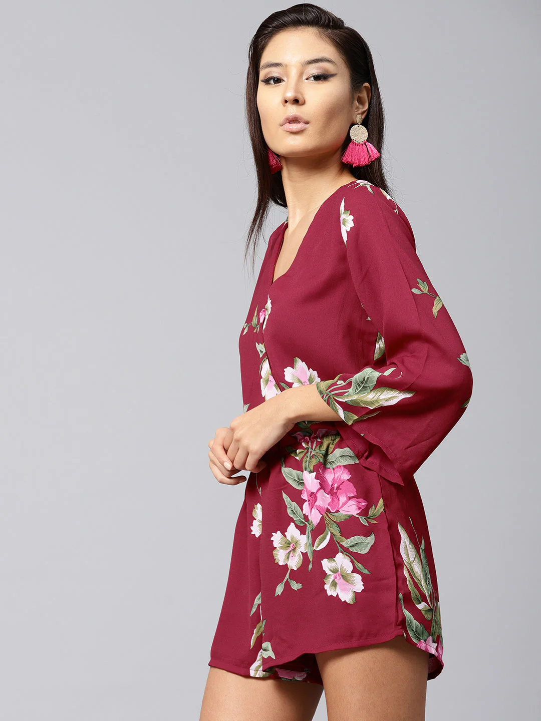 Women Maroon Tropical Wrap Romper - Image 3