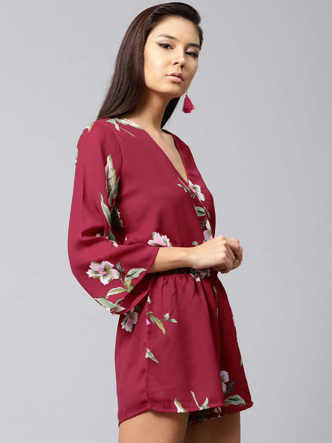 Women Maroon Tropical Wrap Romper - Image 4