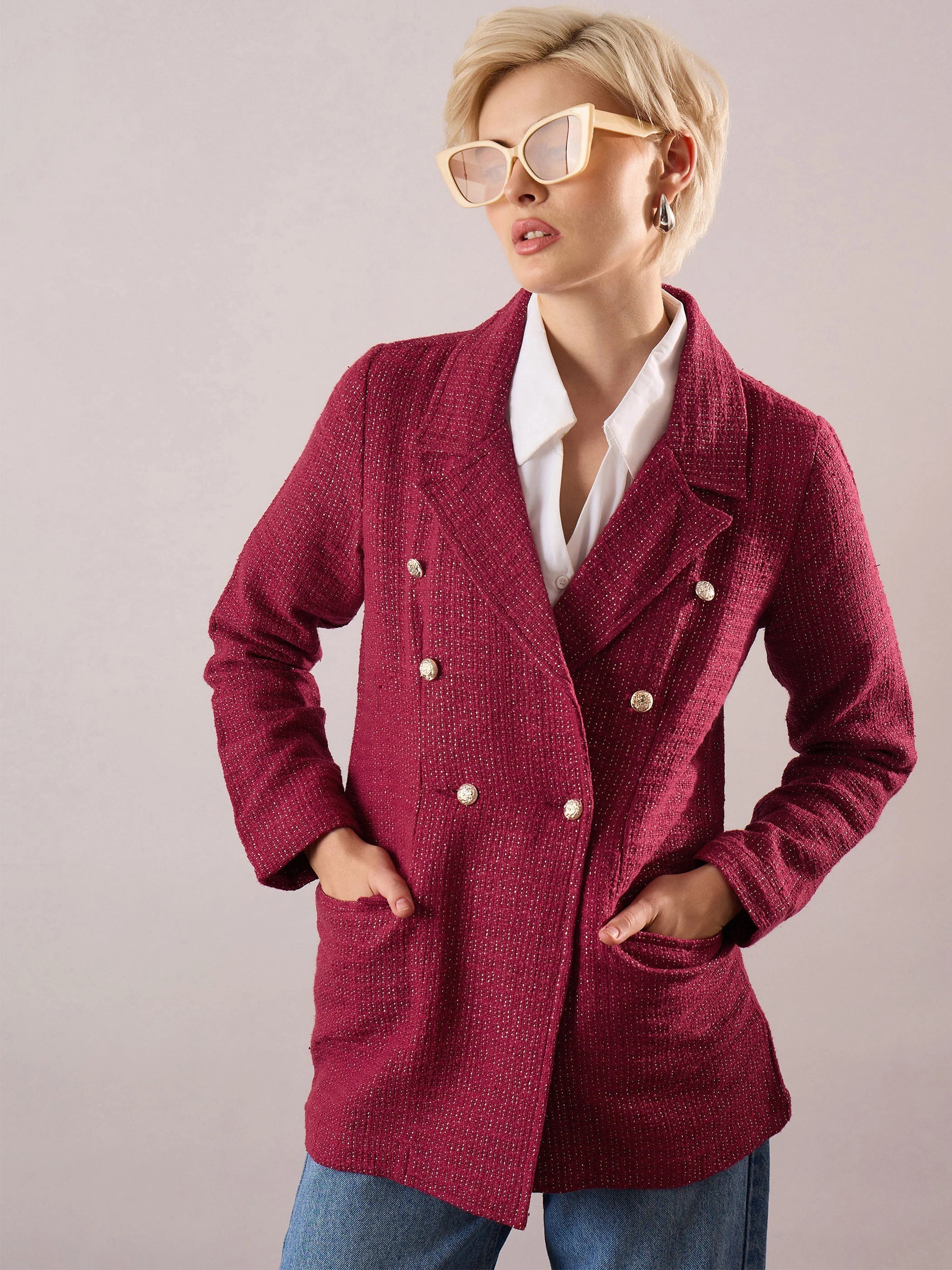 Women Maroon Tweed Blazer