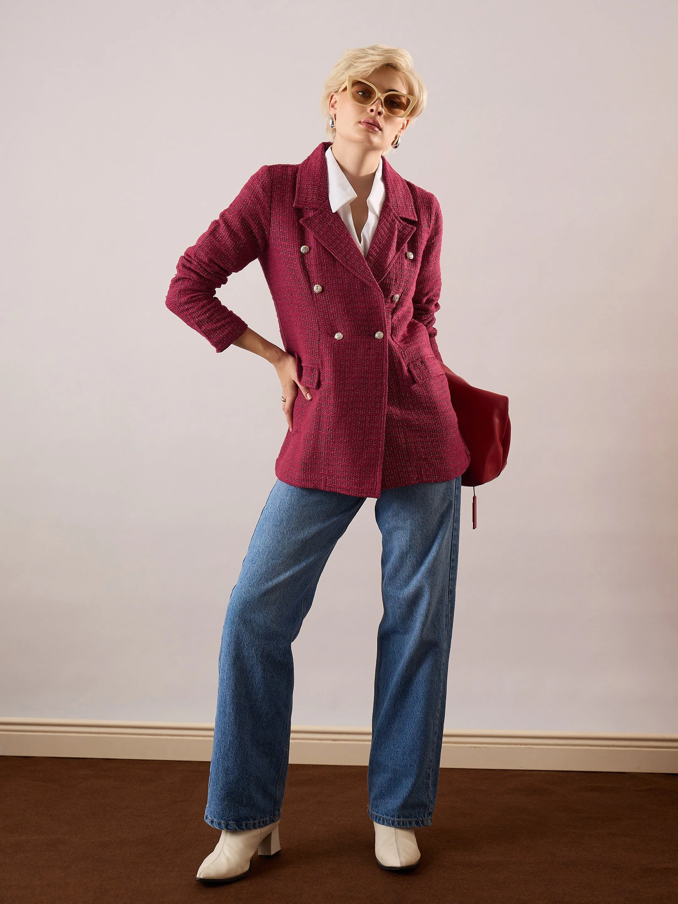 Women Maroon Tweed Blazer - Image 2