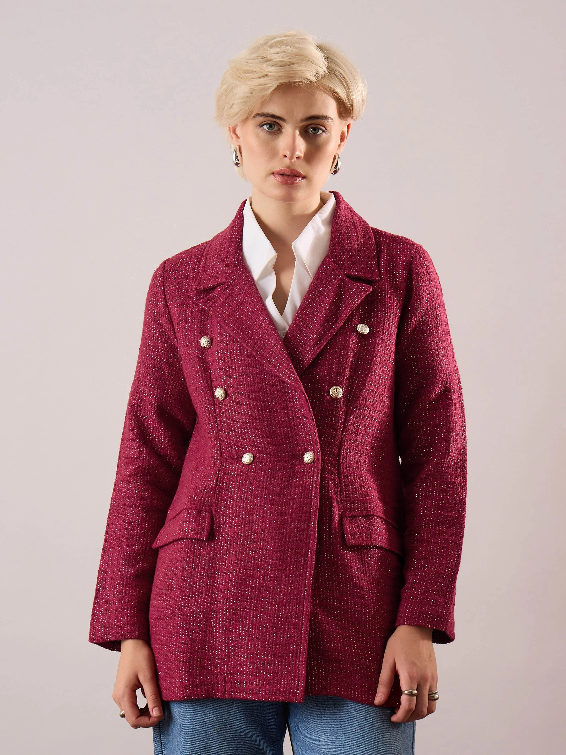 Women Maroon Tweed Blazer - Image 3