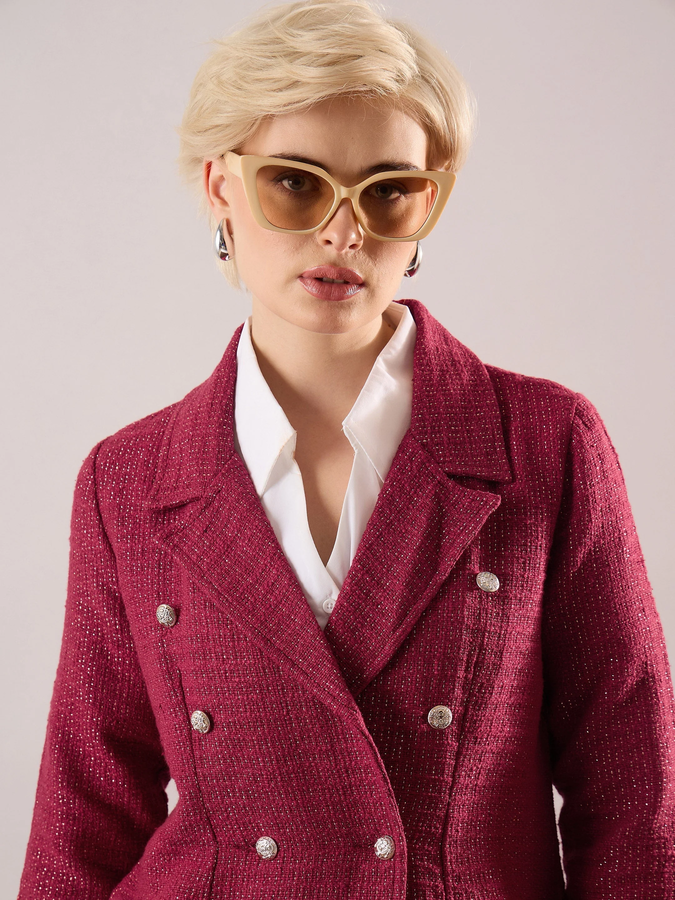Women Maroon Tweed Blazer - Image 4