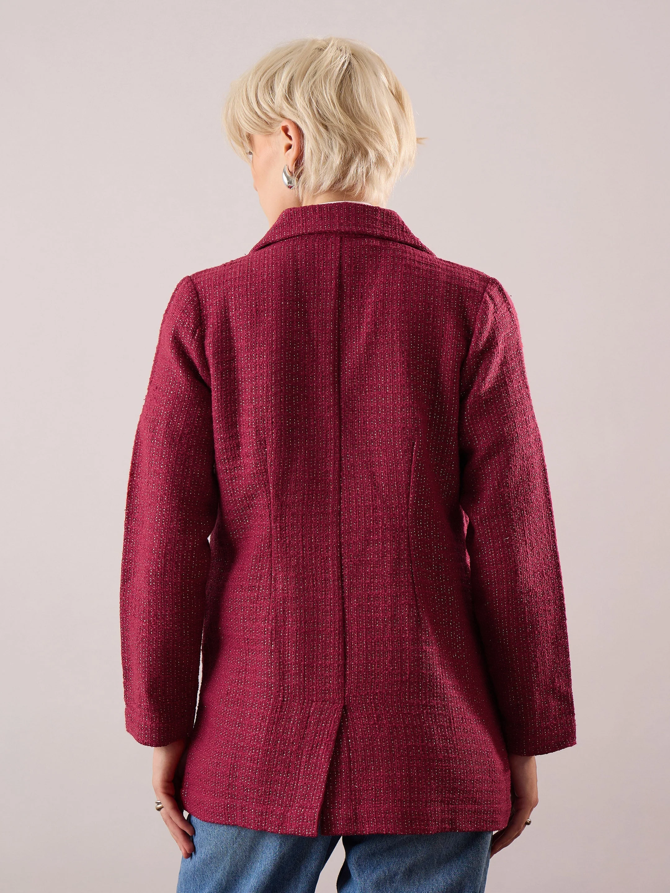 Women Maroon Tweed Blazer - Image 5
